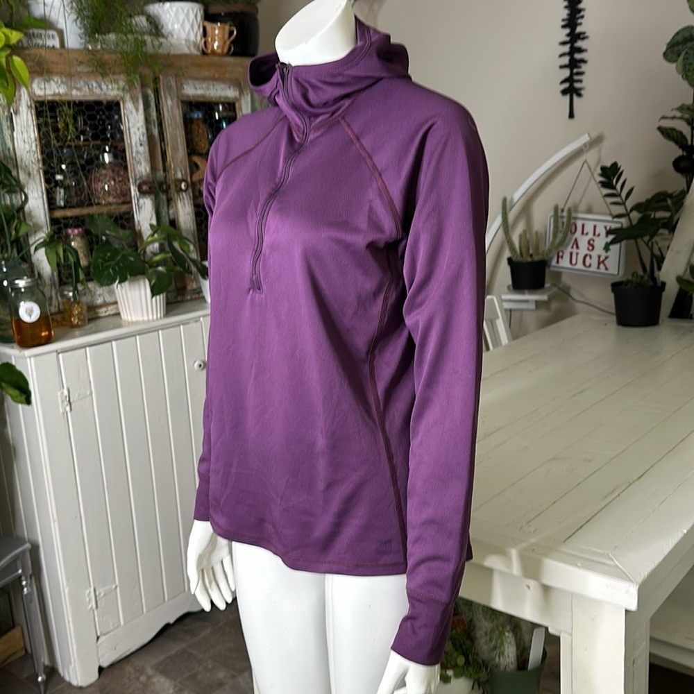 MEC size LG slim fit pullover, half zip purple hoodie polartec